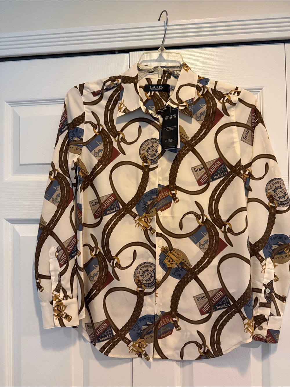 Lauren Ralph Lauren White Equestrian Print Button-Down Shirt ..size S ..nwt